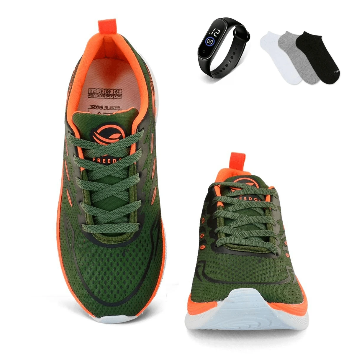 Men's New Gym Sneakers, Soft And Lightweight + Smart Digital Watch + Ankle Socks - GREEN-oRANGE - View 1