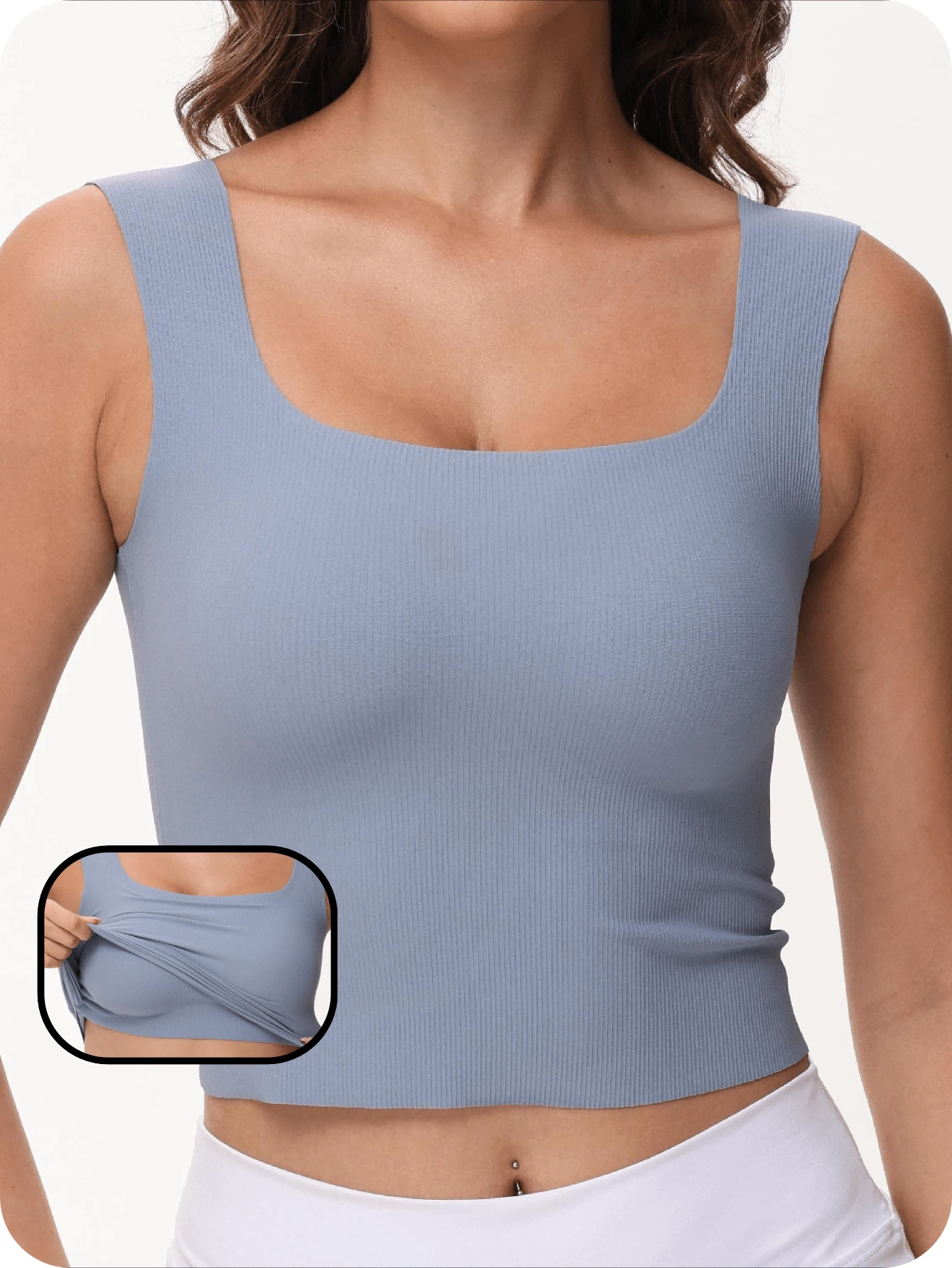 Women's Tight Fitted Widened Square Neck Tank Top With Built-In Bra Pads Sleeveless Air Touch Fabric - Dusty Blue - View 1