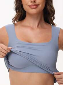 Women's Tight Fitted Widened Square Neck Tank Top With Built-In Bra Pads Sleeveless Air Touch Fabric - Dusty Blue - View 2