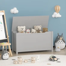 Valentines  Wooden Kids Toy Box Toy Storage With Safety Hinged Lid, White Color, Ages 2+, Spacious Toy Box With Easy Assembly, Size 31.50" X 13.00" X 16.70"White/Brown/Grey