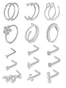 18/23 Pieces Nose Rings Set With Shiny Zirconia Nose Stud Earrings For Women Nose Rings, Earrings, Stainless Steel Containing Flowers, Love, Snake, Geometry, Minimalist Jewelry Set, High Quality Stud Nose Rings, L-Shaped Bone Nose Piercing, Stud Earrings, Jewelry, Hypoallergenic Valentines,Mom,Mother,Mother's Day,Gift - Style 1 - View 12
