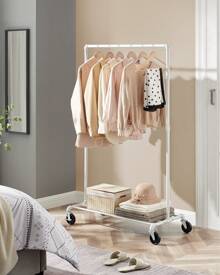 SONGMICS Clothes Rail, Clothes Rack On Wheels, Heavy-Duty Clothing Rail, Holds 90 Kg, Industrial Design, Coat Stand With 1 Hanging Rail And Shelf, For Bedroom Laundry Room, White - White - View 2