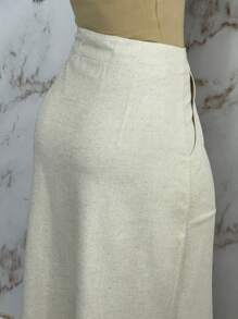 Women's Linen Skirt With Lining, Buttons And Side Slits - Màu be - Xem 5