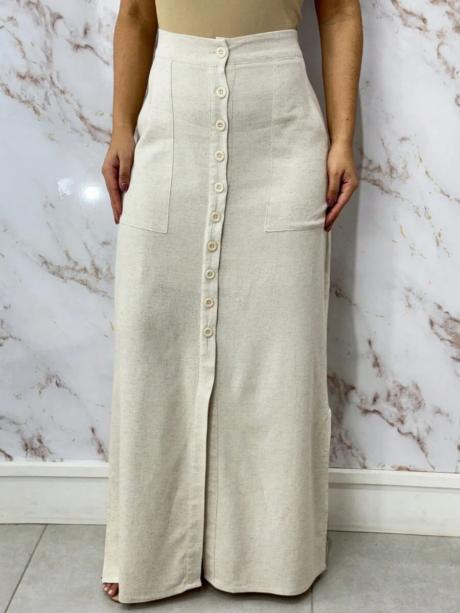 Women's Linen Skirt With Lining, Buttons And Side Slits - Màu be - Xem 1