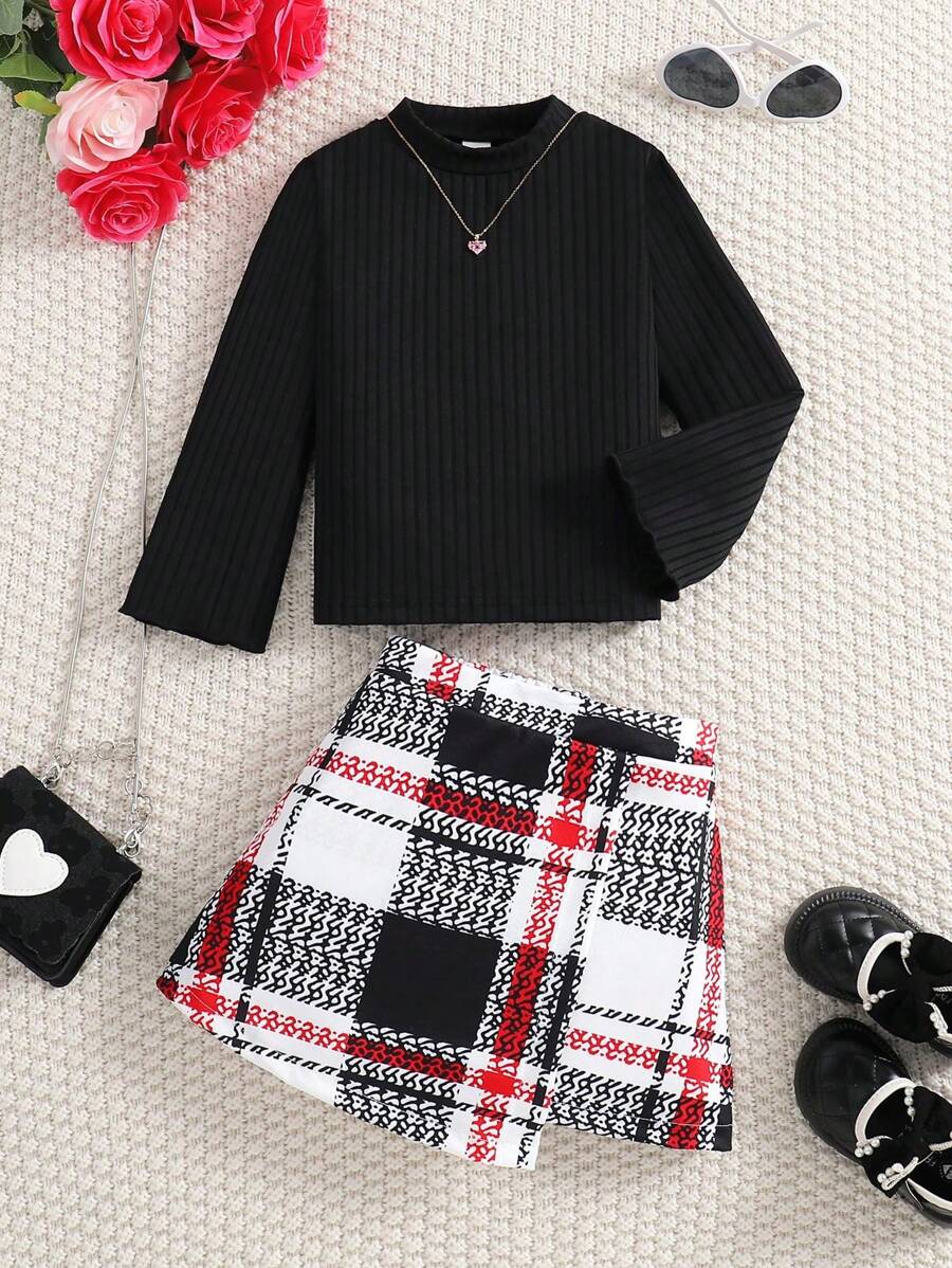2pcs/Set Young Girl High Collar Ribbed Solid Color Long Sleeve Knit Top & Color Block Plaid Skirt, Spring Autumn Casual Outdoor Outfits For Girls