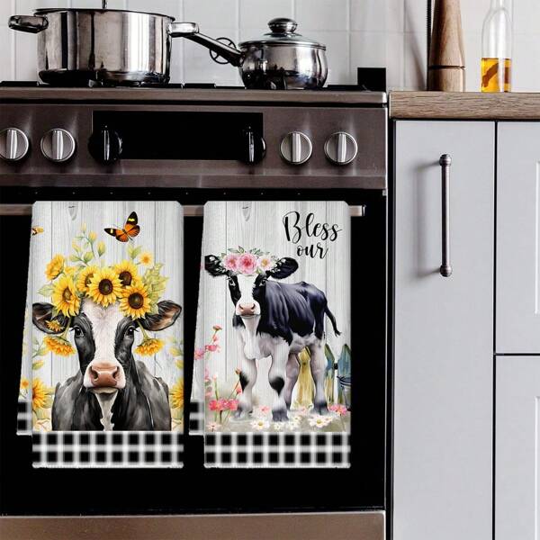 2pcs Set, Buffalo Plaid Cow Pattern Kitchen Towels - Rustic Farmhouse Decor Fingertip Towels, Cute Cow Decorative Hand Towels, Tea Towels For Home Cooking, Baking Cleaning, Vintage Style, Kitchen & Bathroom Essentials