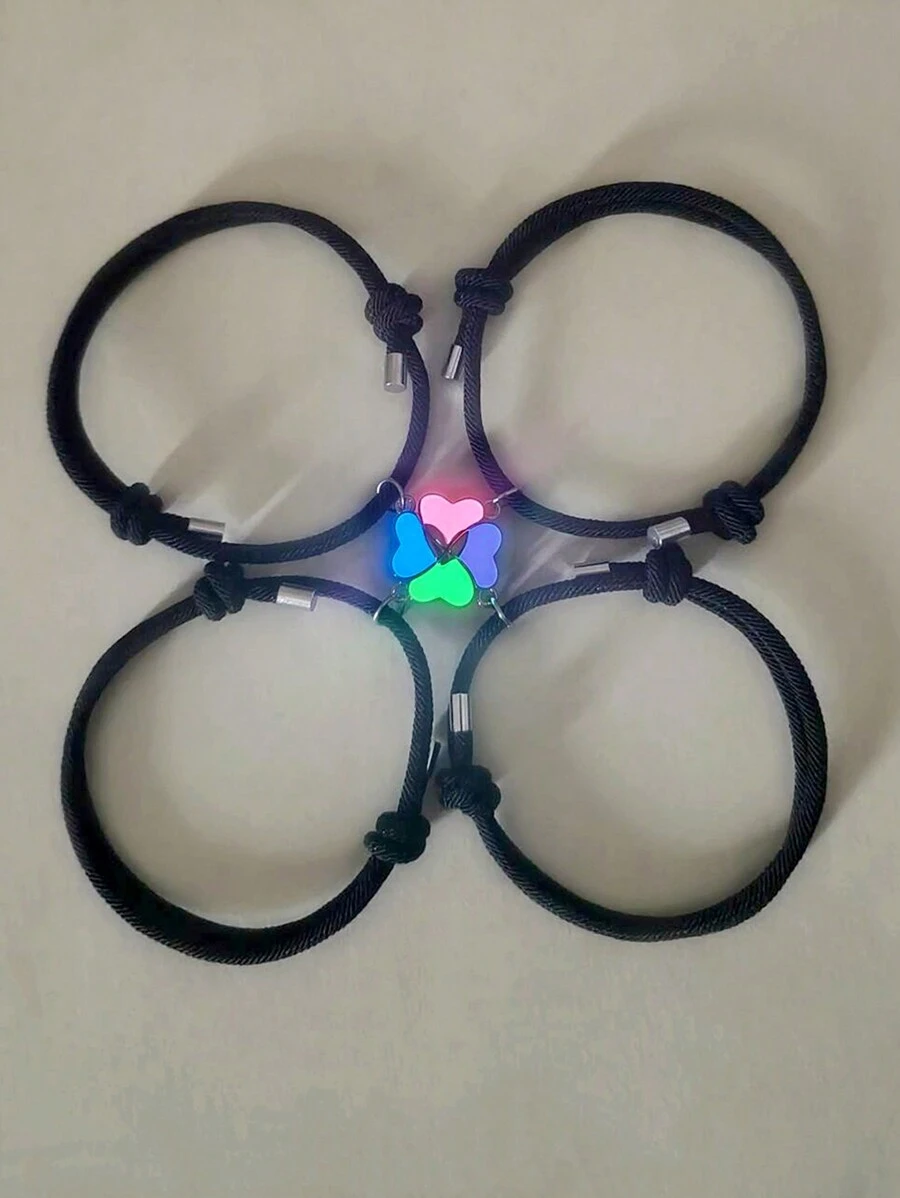 ATLVXJL 4pcs Glow-In-The-Dark Lucky Four-Leaf Clover Bracelets, Suitable As Gifts For Friends, Sisters, Brothers, Couples, Showing Love Even In The Dark, Black Woven Bracelets, Summer Gifts For Ladies, Lovers, Friends, Valentine's Day, Mother's Day Gifts - Multicolor - View 1