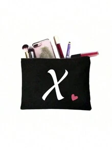 1pc Letter Print Patchwork Makeup Bag, Black Small Size, Letter A-Z, Makeup Pouch, Portable Toiletry Bag, Teacher's Day Gift, Reusable Makeup Bag, Women's Minimalist Large Capacity Travel Makeup Bag, Can Store Earphones, Accessories, Coin Purse, Multi-Functional Portable Women's Gift, Portable Casual Storage Bag, Makeup Bag, Cosmetic Organizer, Cosmetic Storage Bag, Makeup Pouch Make Up Bag - Black - View 33