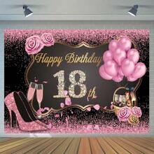 1 tấm kim tuyến vàng hồng sinh nhật lần thứ 18, giày cao gót và bóng bay, phông nền chụp ảnh tiệc mừng màu hồng, polyester, giáng sinh - Nhiều màu - Xem 1