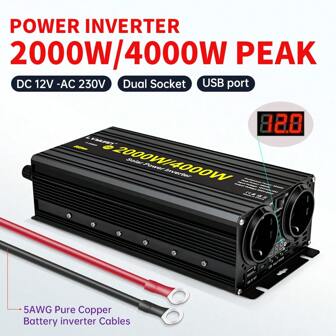 Convertitore di tensione da 12 V a 230 V 2000 W/4000 W 1 presa 2 USB e display LED per casa, roulotte, camion, viaggi e situazioni di emergenza