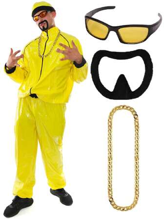 I LOVE FANCY DRESS Mens 90s British Rapper Costume Yellow Red Suit Red Hat Glasses Goatee Necklace And Glasses Best Of British Funny Fancy Dress Outfit