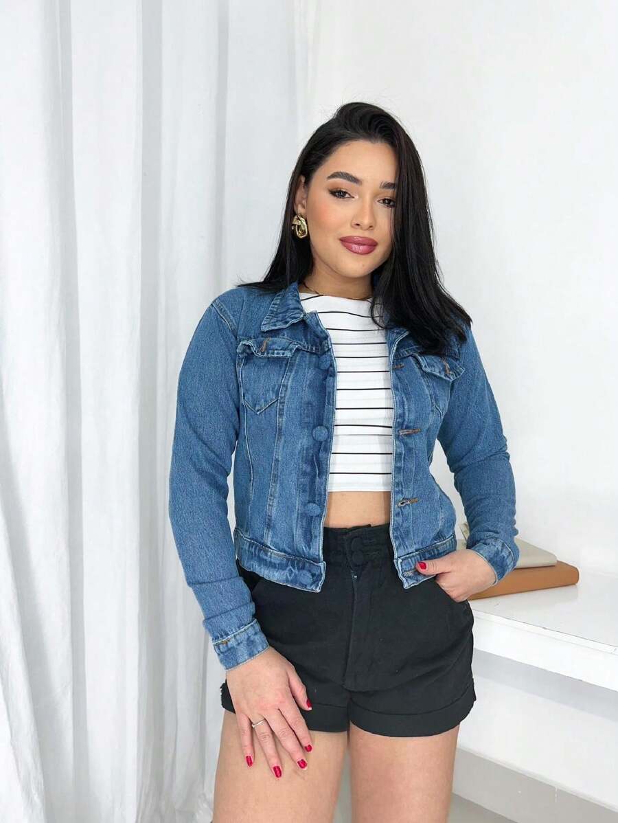 Women's Denim Jacket Button Covered - 中等水洗藍 - 查看 1