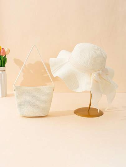 2件套女士卡其色波浪蝴蝶结沙滩遮阳帽和草编斜挎包套装，适合度假外出、情人节等场合，情人节礼物