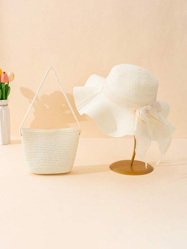 2pcs Women Khaki Wavy Bow Beach Sun Hat & Straw Crossbody Bag Set, Suitable For Vacation Outing Valentine's Day Valentines