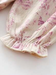 Baby Girls' Sweet Floral Ruffle Collar Long Sleeve Bodysuit, Spring/Autumn - Pink - View 5