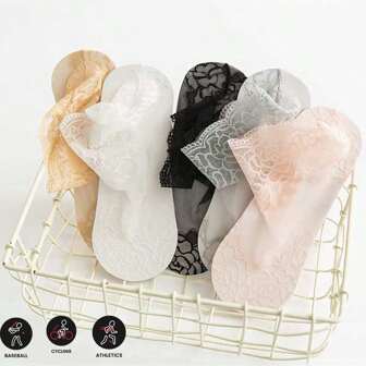 5 pares de calcetines cortos con ribete de encaje para mujer para deportes al aire libre, calcetines de media pantorrilla transpirables de malla bordada ligeros para primavera y verano