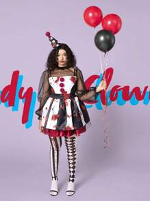 Joyfy Halloween Scary Clown Costume For Women, Creepy Jester Dress With Stockings & Hat, Adult Inspired Halloween Outfit For Party - Đen và Đỏ và Trắng - Xem 5