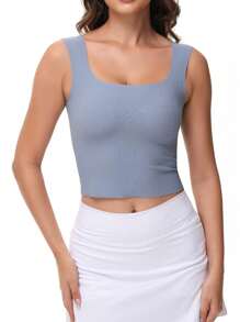 Women's Tight Fitted Widened Square Neck Tank Top With Built-In Bra Pads Sleeveless Air Touch Fabric - Dusty Blue - View 3