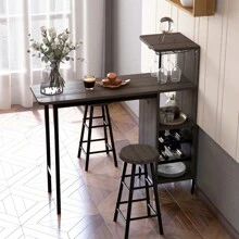 3PCS Bar Table Chair Set Industrial Dining Table Stools W/ Glass Holders & Wine Racks - Brown - View 5