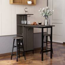 3PCS Bar Table Chair Set Industrial Dining Table Stools W/ Glass Holders & Wine Racks - Brown - View 4
