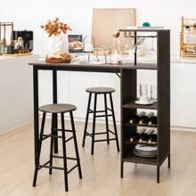 3PCS Bar Table Chair Set Industrial Dining Table Stools W/ Glass Holders & Wine Racks - Brown - View 3