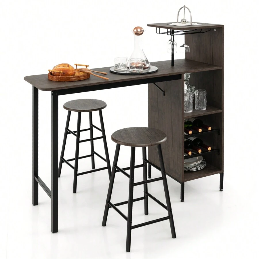3PCS Bar Table Chair Set Industrial Dining Table Stools W/ Glass Holders & Wine Racks - Brown - View 1