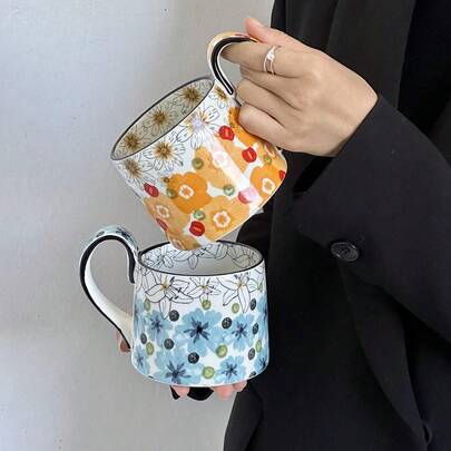 Handmade Floral Ceramic Mug, Colorful Vintage Floral Coffee Cup With Unique Arched Handle, Microwave For Home And Office, Exquisite Kitchen Gift For Women