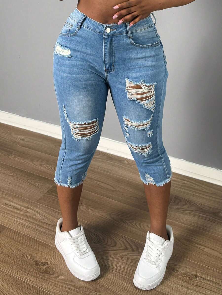 Women's Capri Pants Mid Waisted Summer Skinny Stretchy Ripped Jeans Denim Cropped Leggings - Rửa nhẹ - Xem 1