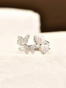 GAGAFEEL 1 chiếc nhẫn bạc S925 Sterling Silver đính đá Cubic Zirconia hình bướm và trái tim, khắc chữ "Forever With You", có thể mở ra, quà tặng sinh nhật cho nữ. - Bạc - Xem 2