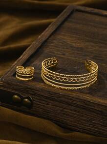 2 件/1 套或 1 件 18K 镀金华丽款式不锈钢手链戒指女士珠宝婚礼派对约会礼物 - 金黃色 - 查看 5