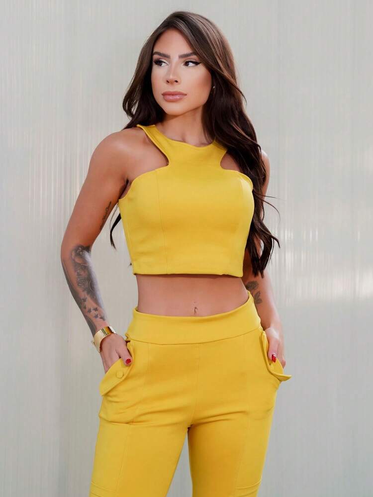 BLOG STORES Riding Trousers Set With Crop Top 9767 - Mustard Yellow - View 4