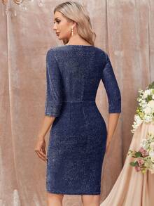 MIUSOL 闪光 V 领荷叶边饰开叉大腿鸡尾酒会裹身裙，优雅舞会半正式礼服，适合生日、婚礼嘉宾、毕业典礼、晚宴、返校节 - 藏蓝色 - 查看 2