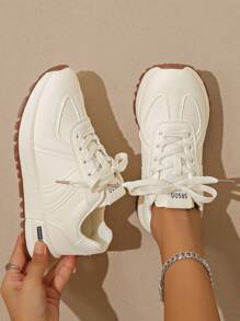Women's Casual Sneakers, Lightweight & Versatile Comfortable Lace-Up Round Toe Solid Color Platform Shoes