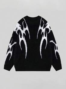 男士拼色针织毛衣，休闲圆领长袖，秋冬 - 黑色 - 查看 3