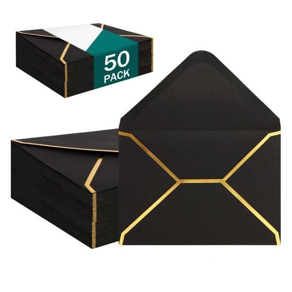 50 Paquetes de sobres negros con borde dorado para invitaciones, sobres autoadhesivos con solapa en V, ideales para graduación, invitaciones, baby shower, boda y regreso a clases
