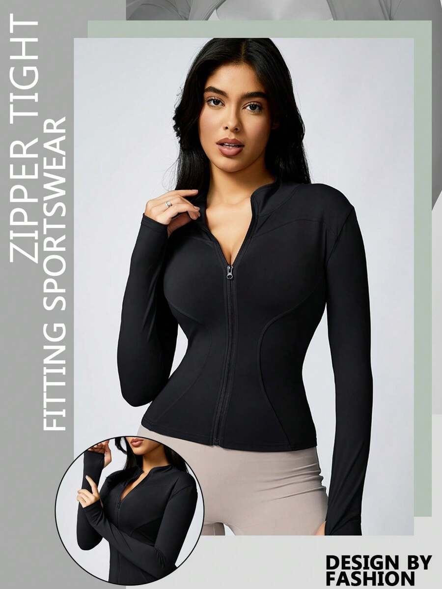 1 pieza Chaqueta con cremallera de deporte de manga larga con agujero para el pulgar, unicolor, para yoga y uso diario en otoño, para mujer