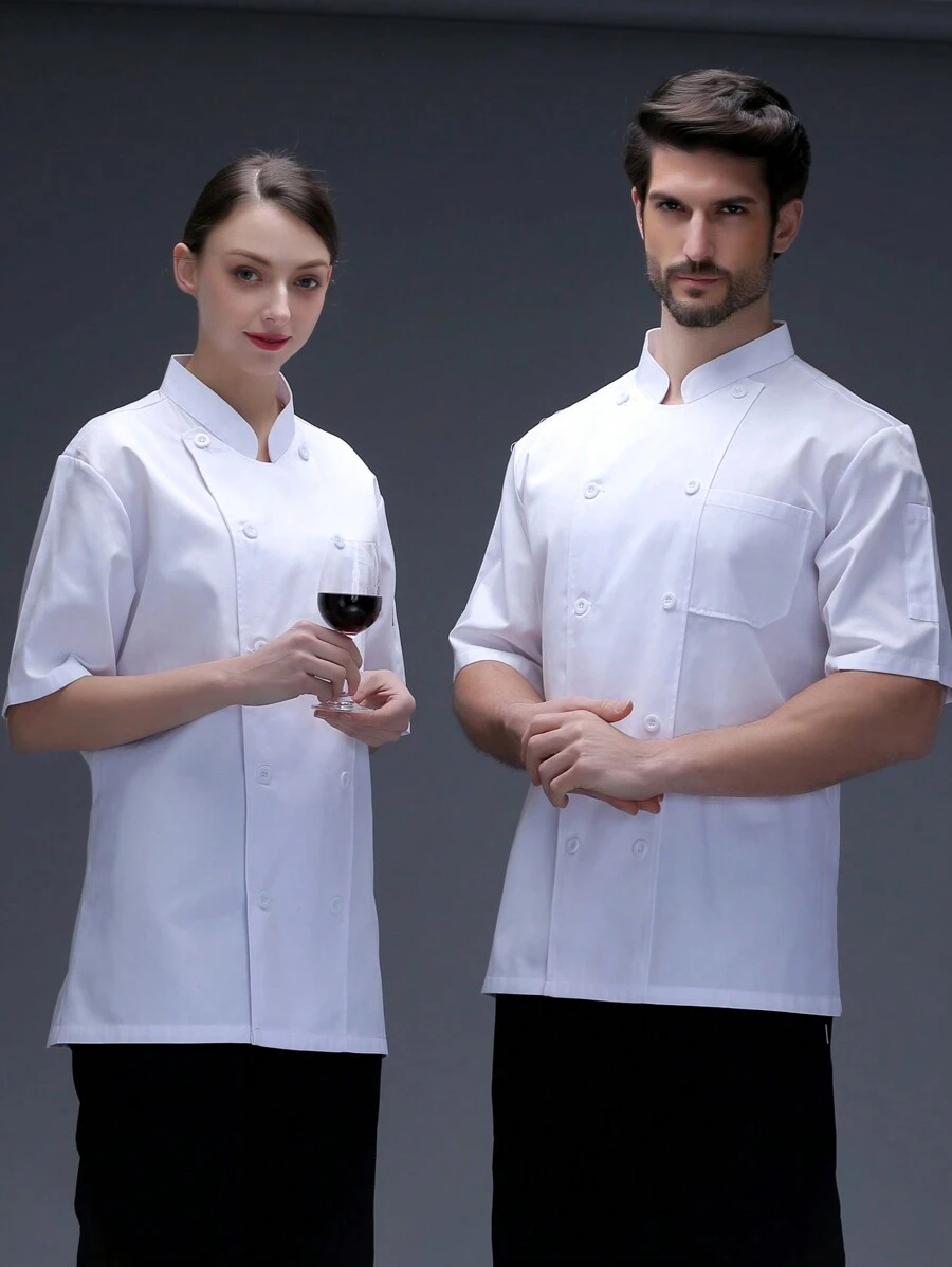 1 pieza Chaqueta de chef unisex, uniforme de chef de manga corta con cuello alto y doble botonadura de color blanco para cocina, panadería, restaurante, trabajo de hotel