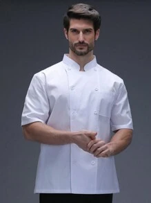 1 pieza Chaqueta de chef unisex, uniforme de chef de manga corta con cuello alto y doble botonadura de color blanco para cocina, panadería, restaurante, trabajo de hotel