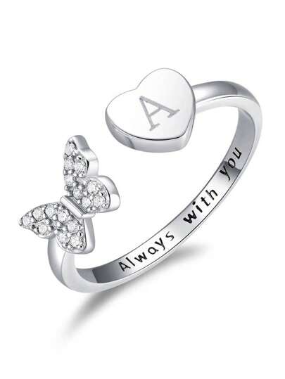 GAGAFEEL 1枚S925纯银字母立方氧化锆蝴蝶心形刻字戒指，刻有“Forever With You”字样，可打开，女士生日派对礼物