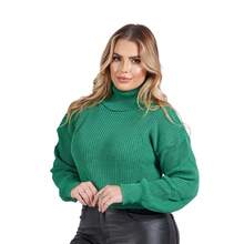 Cropped Turtleneck Long Sleeve Knit Top - Green - View 1