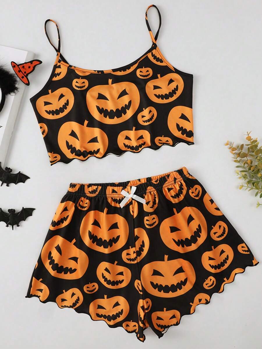 2 bộ đồ ngủ in hình quả bí ngô Halloween và quần short cho nữ - Nhiều màu - Xem 1