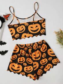 2 bộ đồ ngủ in hình quả bí ngô Halloween và quần short cho nữ - Nhiều màu - Xem 2