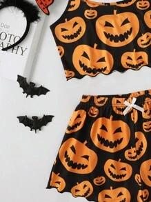 2 bộ đồ ngủ in hình quả bí ngô Halloween và quần short cho nữ - Nhiều màu - Xem 6