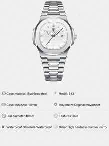 Relógio de luxo Poedagar para homens, relógio de negócios em aço inoxidável, quartzo, à prova d água, com recurso a visão noturna, display de data, mostrador quadrado, com caixa, 1 peça para presente do dia dos pais