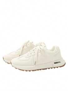 Women's Casual Sneakers, Lightweight & Versatile Comfortable Lace-Up Round Toe Solid Color Platform Shoes