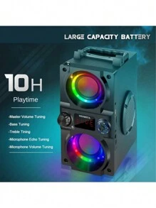 Bluetooth Speaker, 40W (60W Peak) Portable Wireless Speaker With Colorful Lights, Double Subwoofer Heavy Bass, FM Radio, MP3 Player, Loud Stereo Speaker For Home Outdoor Party Camping - 黑色 - 查看 2