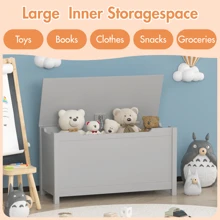 Valentines  Wooden Kids Toy Box Toy Storage With Safety Hinged Lid, White Color, Ages 2+, Spacious Toy Box With Easy Assembly, Size 31.50" X 13.00" X 16.70"White/Brown/Grey