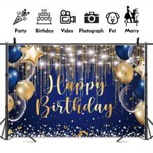 1 pieza, Fondo de decoración de fiesta de cumpleaños con globos azul marino, azul tesoro, dorado, lunares dorados y estrellado - Banner de fotografía para mesa de pastel de cumpleaños, Navidad - Multicolor - Ver 3
