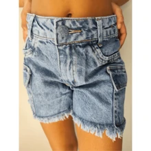 Children's Cargo Shorts With Side Pockets For Girls, Bloggers, Youth, Adjustable - Medium Wash - View 4