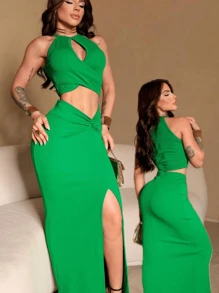 Women's Set In Irregular Fabric, Long Skirt With Slit - màu xanh lá - Xem 3
